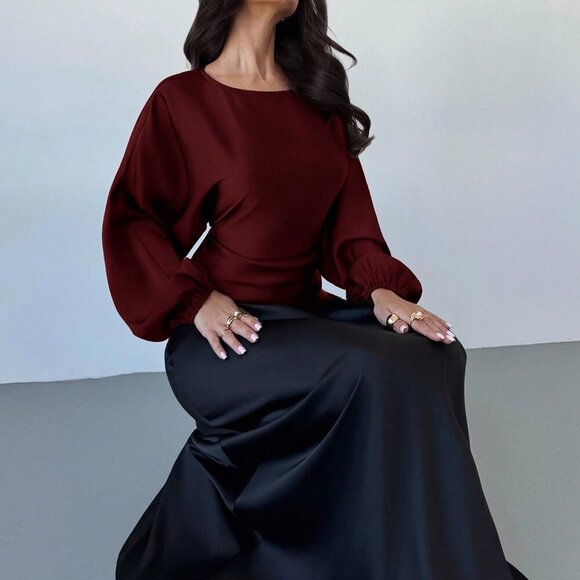 Burgundy Elegant Women's Romantic Round Neck blouse - Picture 6 of 7